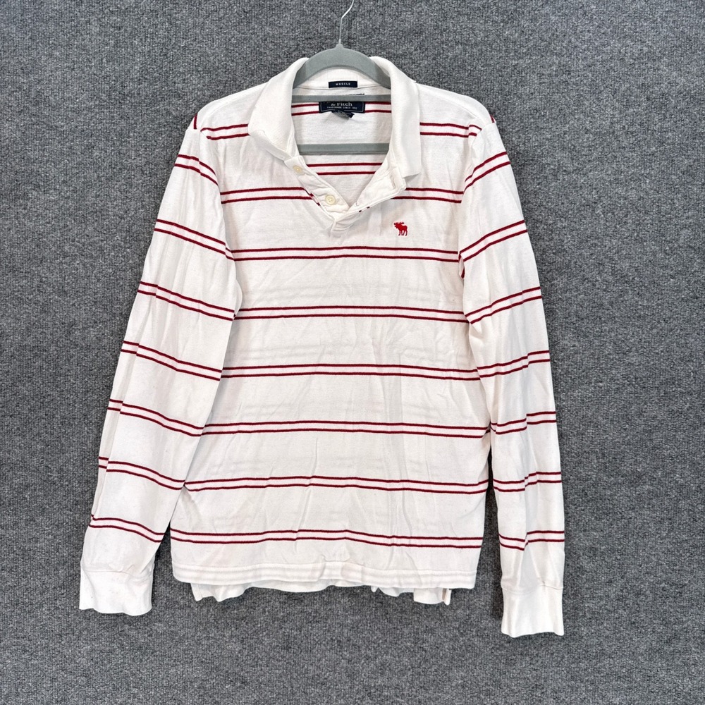 Abercrombie & Fitch Polo Shirt Men Medium White Striped Muscle Fit Vintage Rugby